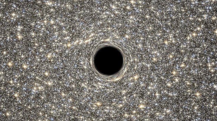 Illustration eines supermassereichen Schwarzen Lochs | Bildquelle: NASA/Goddard Schwarzer Kreis umgeben von sehr vielen Sternen