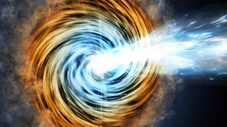 Künstlerische Darstellung eines Blazar | Bildquelle: NASA/JPL-Caltech/GSFC Bunter Wirbel im All, aus dessen Zentrum ein Lichtstrahl hervortritt