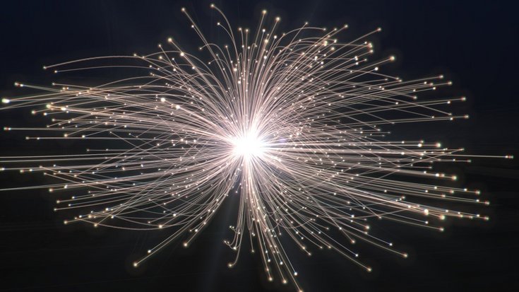 Künstlerische Darstellung einer Teilchenkollision | Bilquelle: Polar Media/CERN Heller Lichtpunkt in der Mitte, von dem in alle Richtungen Lichtstrahlen ausgehen